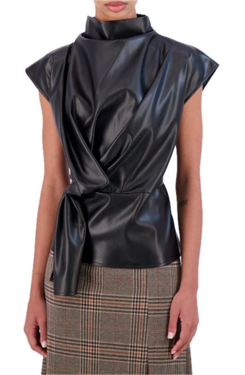 Ookie Lala Super Soft Sleeveless Vegan Leather Blouse with Faux Side Tie Black Medium