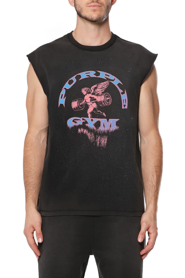 Textured Sleeveless Cotton Graphic T-Shirt, Main, color, BLACK