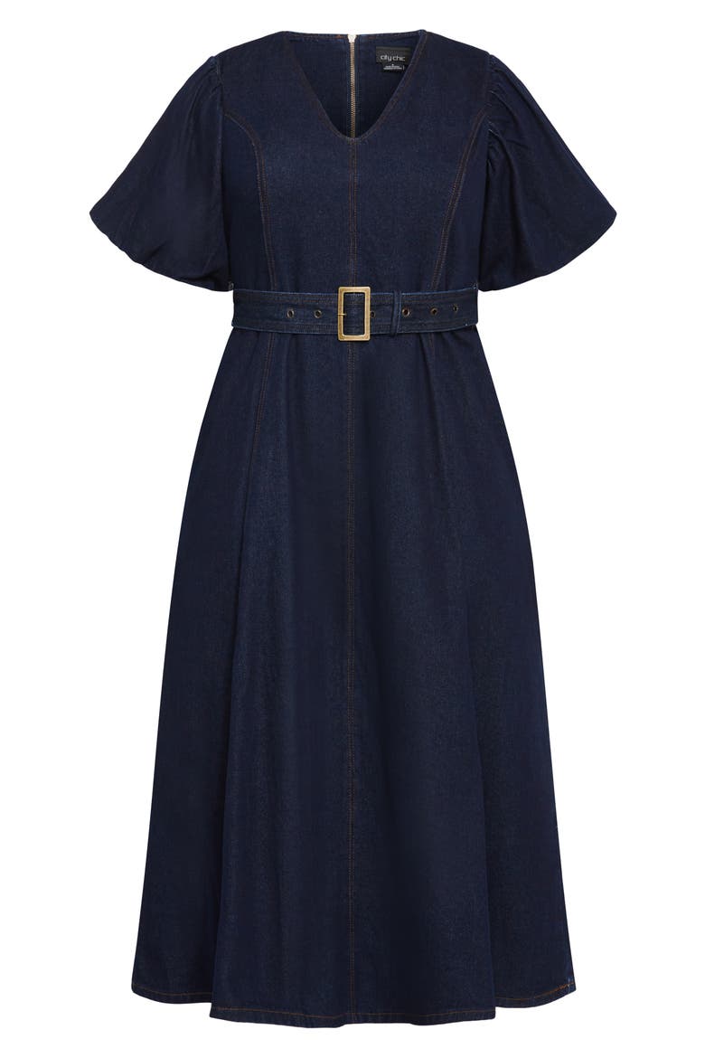 Sable Delilah Puff Sleeve Belted Denim Midi Dress, Alternate, color, DARK DENIM