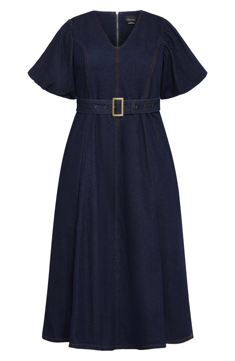 City Chic Sable Delilah Puff Sleeve Belted Denim Midi Dress, Alternate, color, Dark Denim