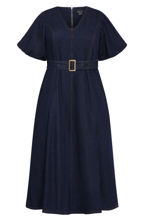 City Chic Sable Delilah Puff Sleeve Belted Denim Midi Dress In Blue