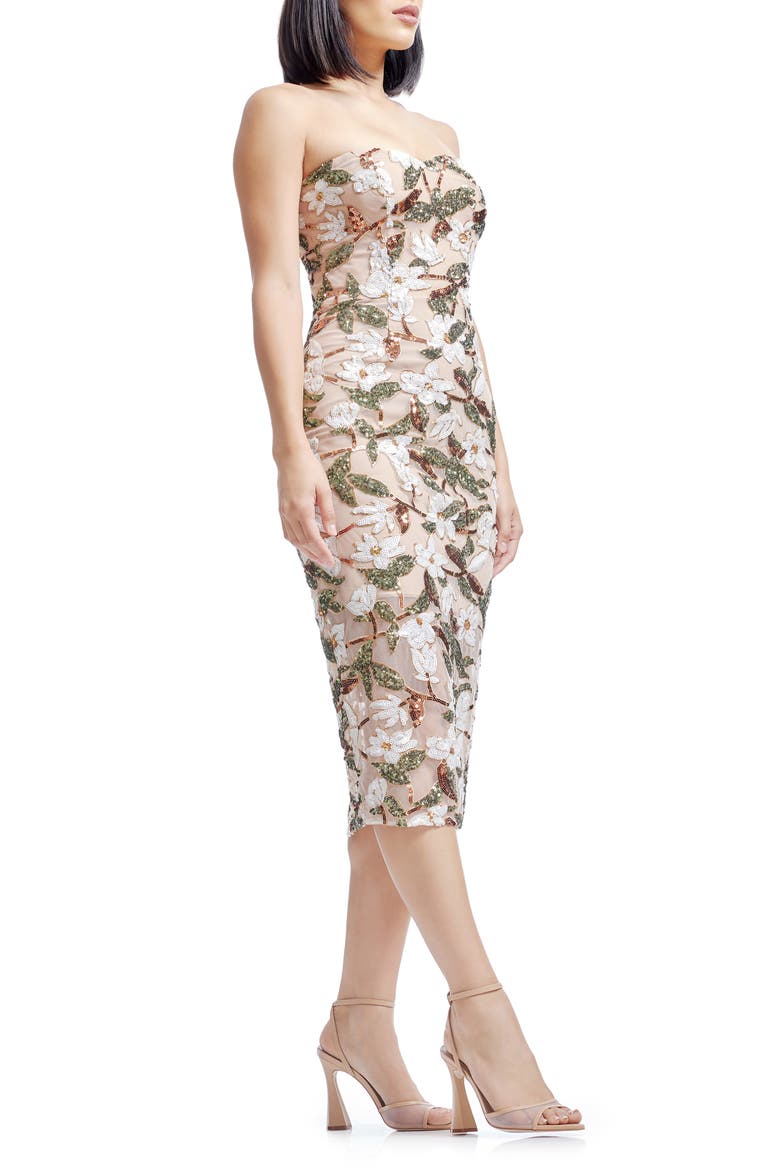Shailene Sequin Floral Strapless Midi Cocktail Dress, Alternate, color, IVORY MULTI