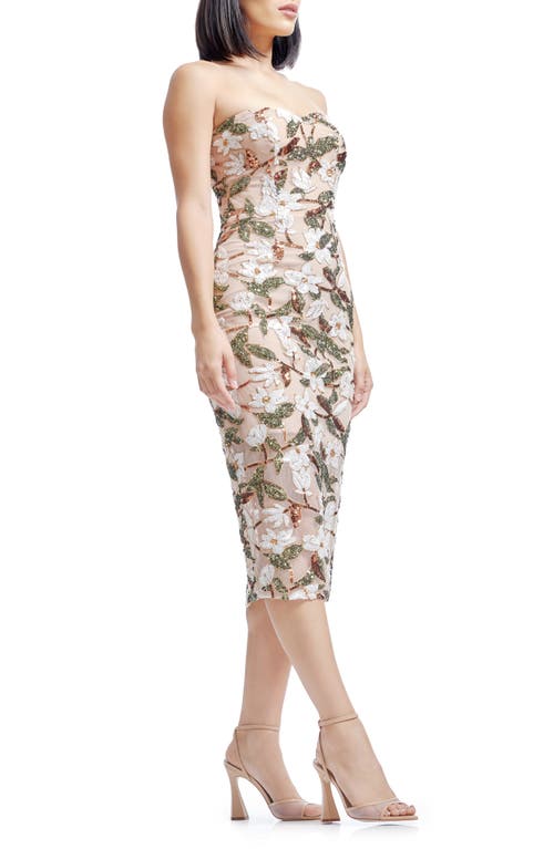 DRESS THE POPULATION DRESS THE POPULATION SHAILENE SEQUIN FLORAL STRAPLESS MIDI COCKTAIL DRESS