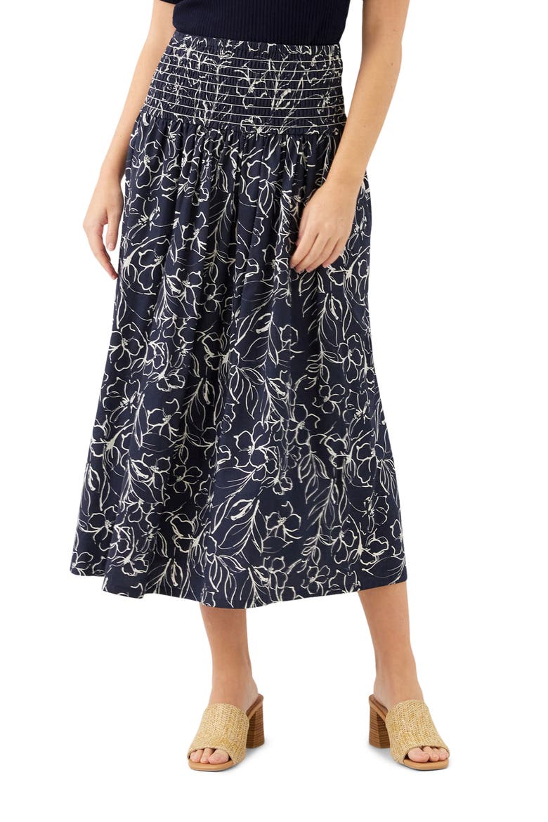Floral Smocked Waist Cotton Midi Skirt, Main, color, PRINT