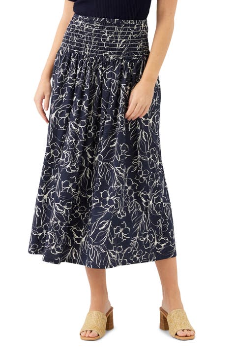 Floral Smocked Waist Cotton Midi Skirt
