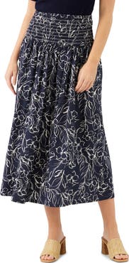 Karen Kane Floral Smocked Waist Cotton Midi Skirt