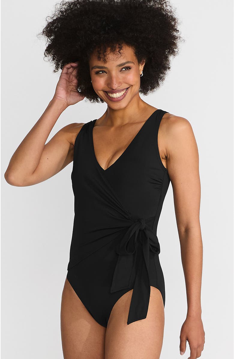 Lands' End Chlorine Resistant Side Tie Wrap High Leg One Piece Swimsuit, Main, color, Black