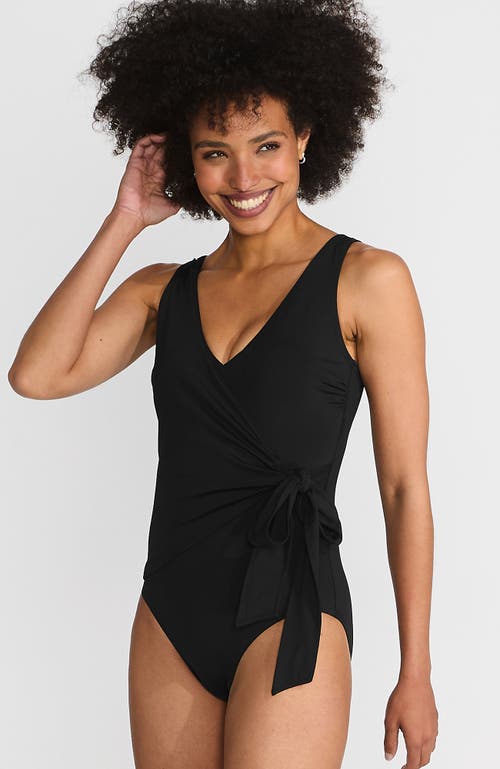 Lands' End Chlorine Resistant Side Tie Wrap High Leg One Piece Swimsuit In Black
