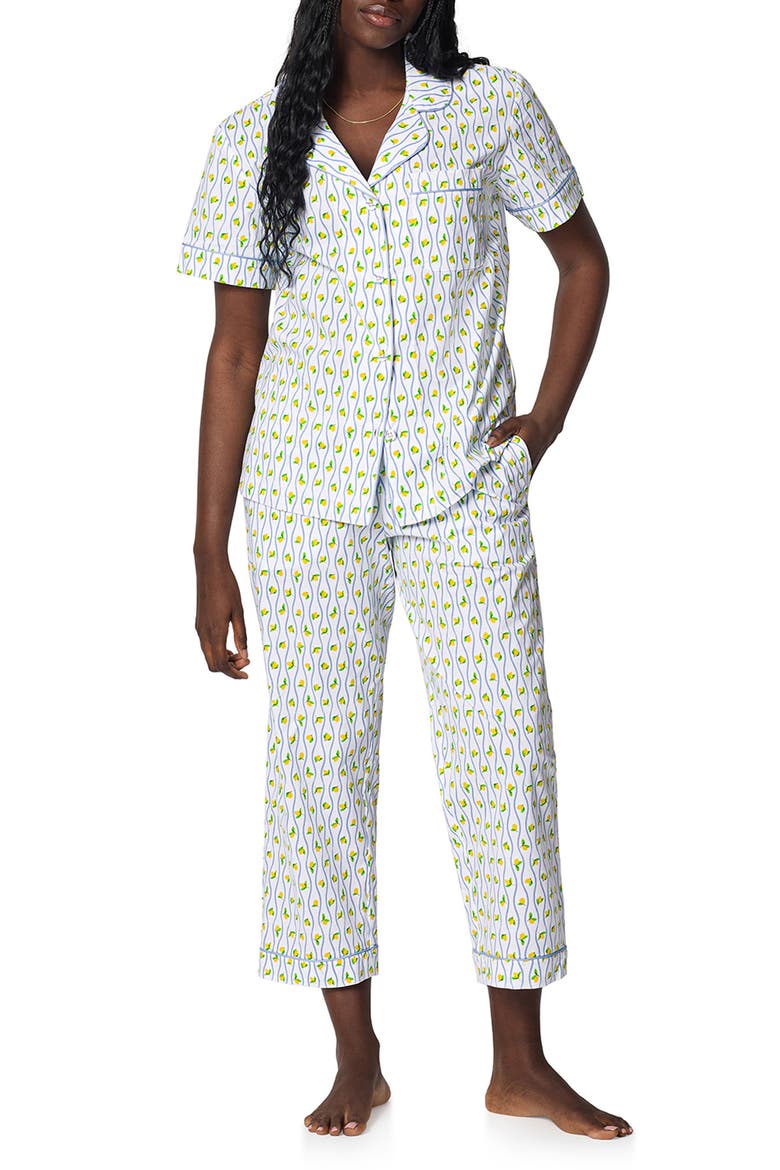 Print Organic Cotton Poplin Crop Pajamas, Main, color, LIMONCELLO STRIPE