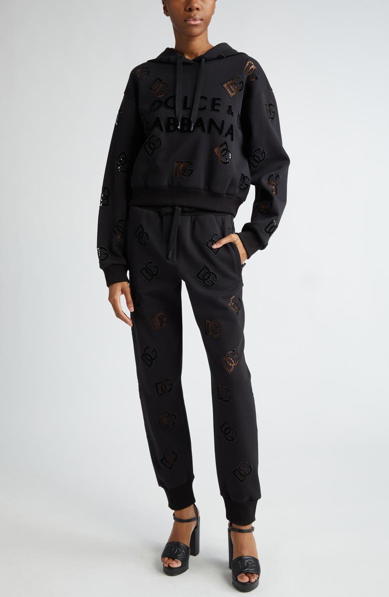 Dolce&Gabbana Eyelet Logo Cotton Blend Joggers, Alternate, color, N0000nero