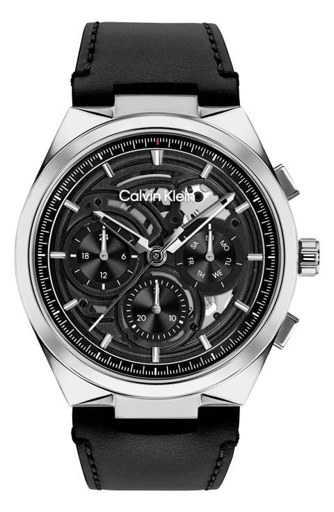 Distinguish Skeleton Leather Strap Watch, 44mm