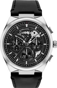 Calvin Klein Distinguish Skeleton Leather Strap Watch, 44mm