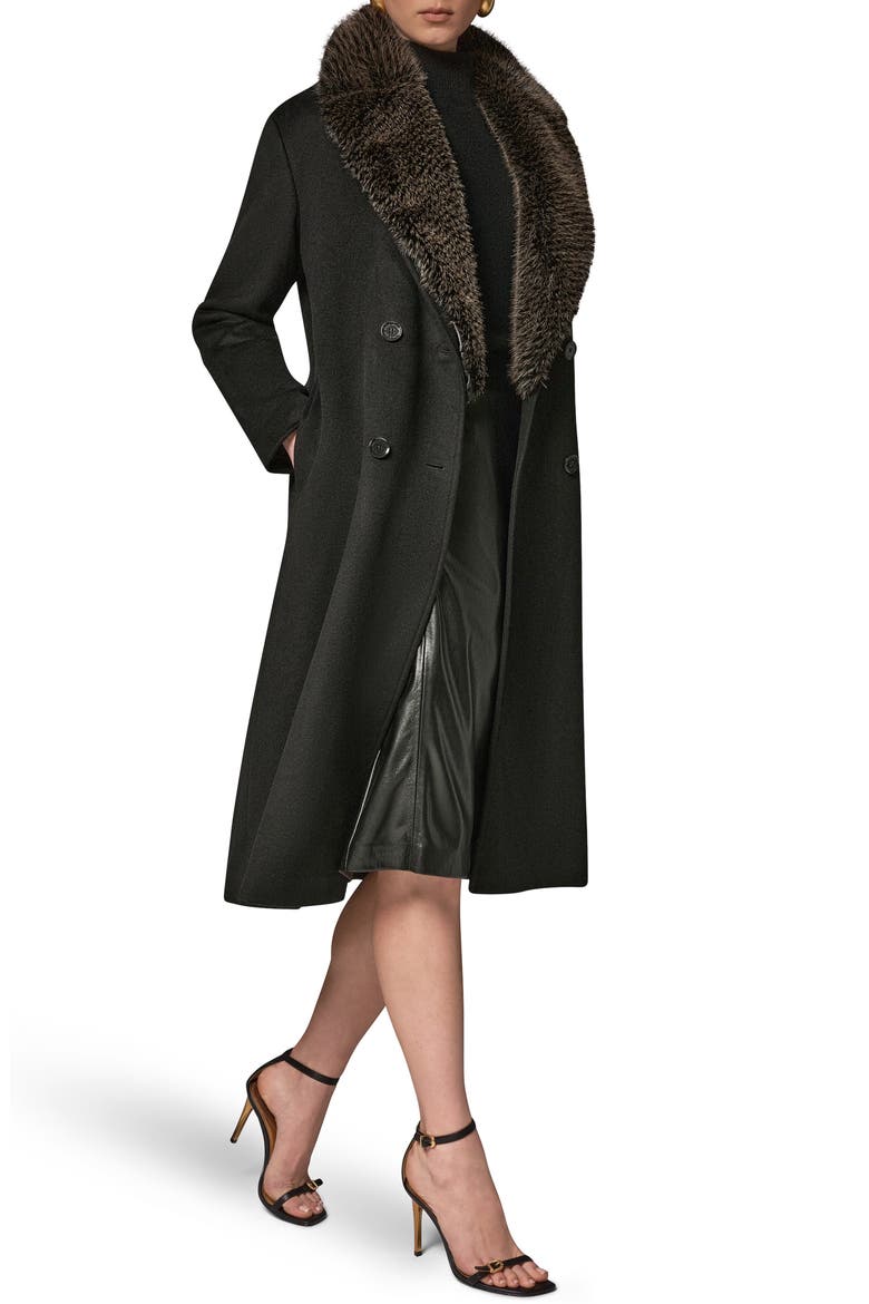 Double Breasted Slouch Coat with Faux Fur Collar, Alternate, color, BLACK
