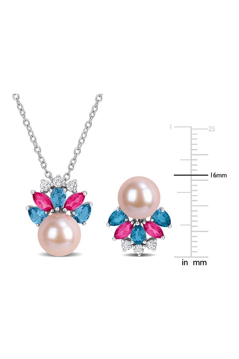 8-8.5mm Cultured Freshwater Pearl & Gemstone Cluster Earrings & Necklace Set, Alternate, color, PINK/ BLUE/ SILVER MULTI