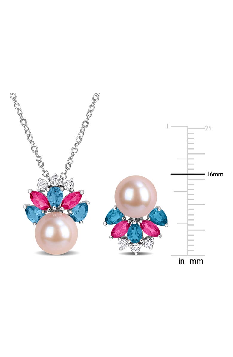 DELMAR 8-8.5mm Cultured Freshwater Pearl & Gemstone Cluster Earrings & Necklace Set, Alternate, color, Pink/ Blue/ Silver Multi