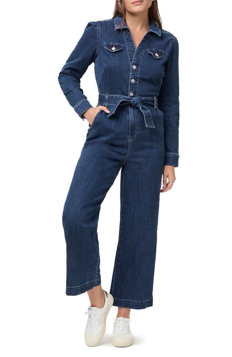 PAIGE Anessa Long Sleeve Wide Leg Denim Jumpsuit, Main, color, 