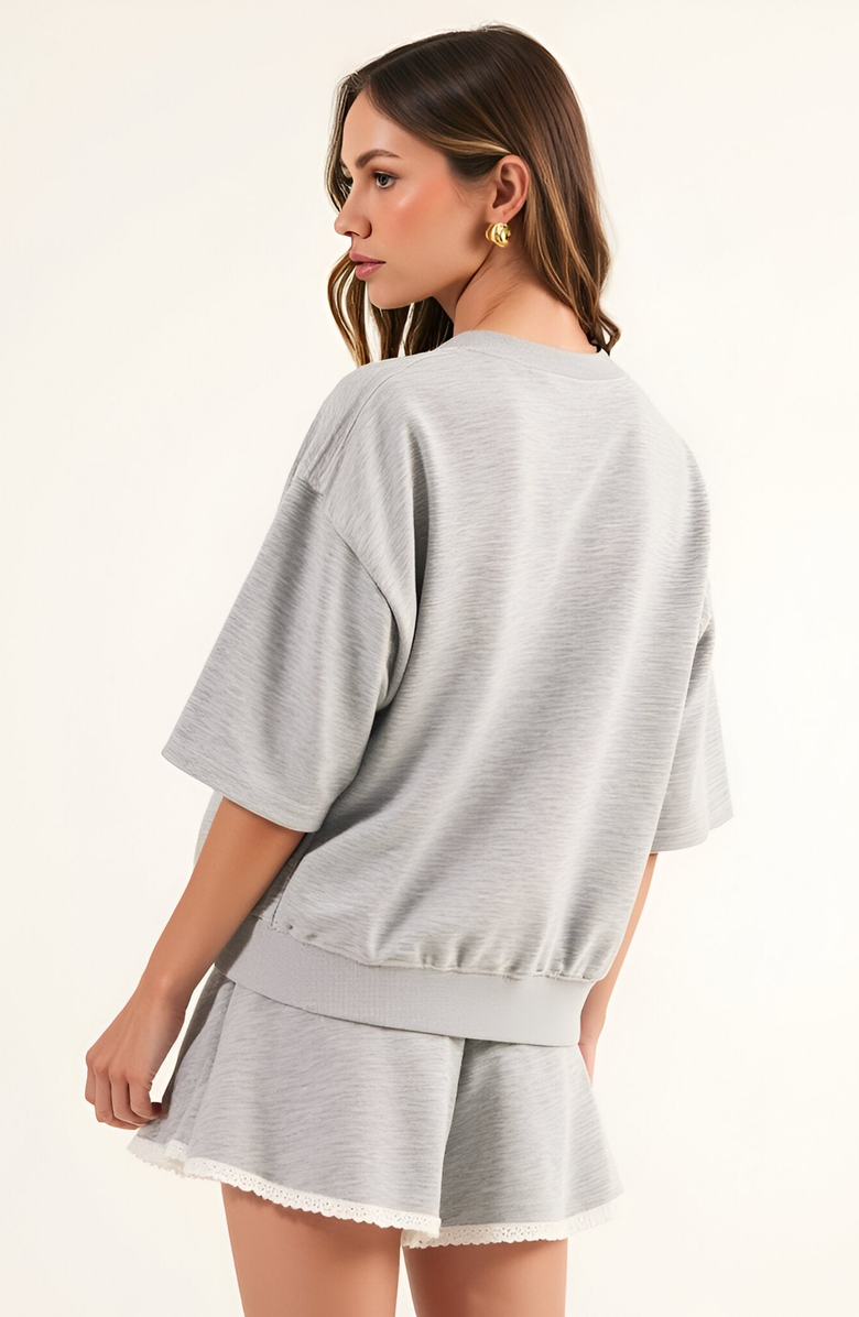 Modenaire Lace Trim French Terry Top and Shorts Lounge Set, Alternate, color,