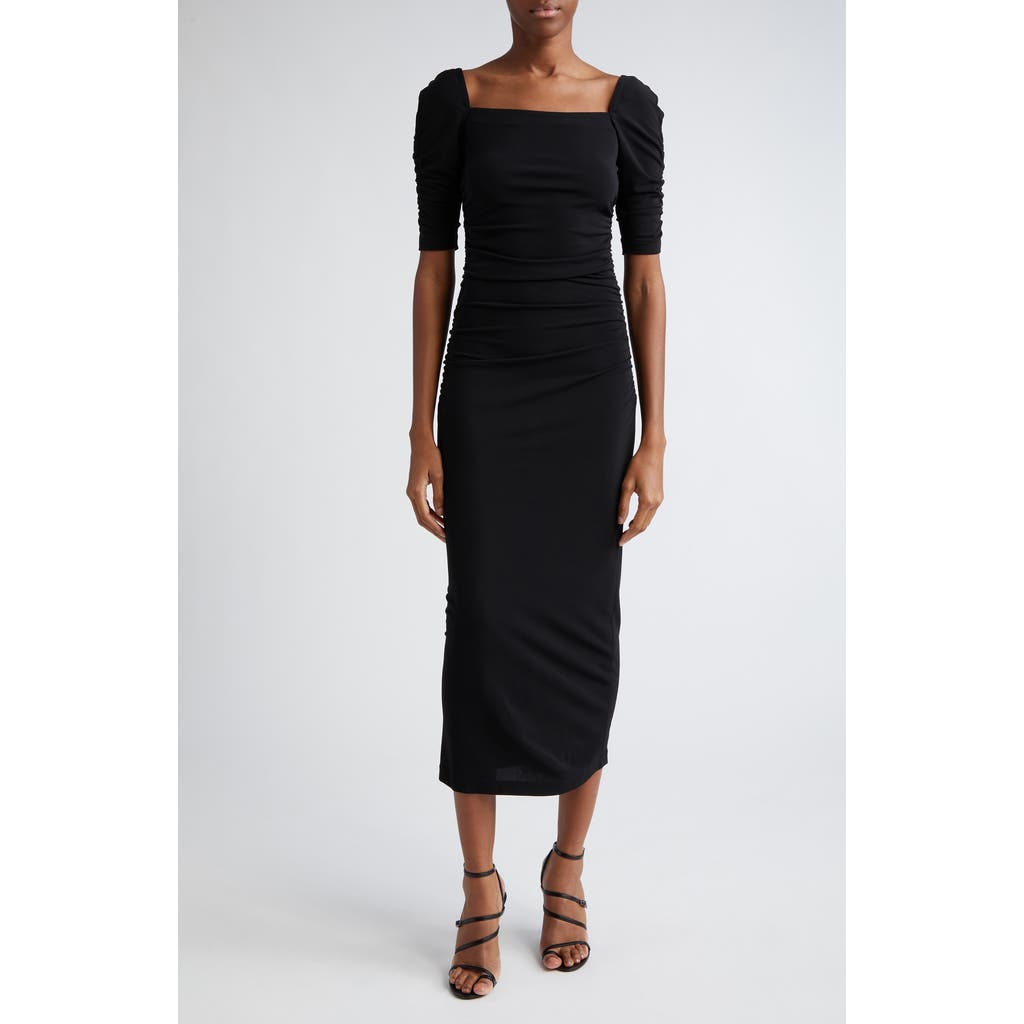 Carolina Herrera Ruched Square Neck Knit Body-con Midi Dress In Black
