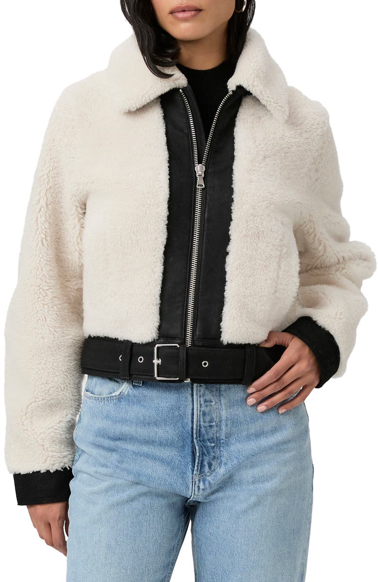 PAIGE Rhone Genuine Shearling & Suede Jacket, Main, color, Ecru/ Black
