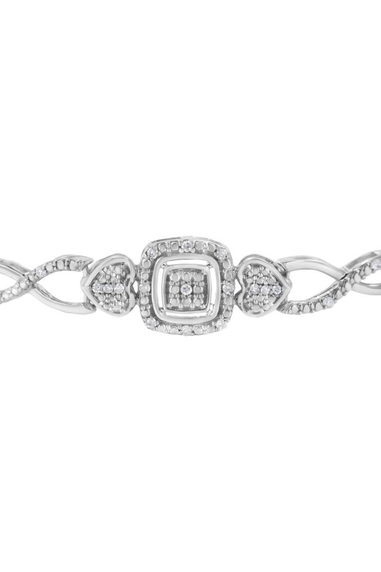 .925 Sterling Silver Diamond Cushion Frame Heart-Sides Twist Adjustable Bolo Tennis Bolo Bracelet, Alternate, color, Silver