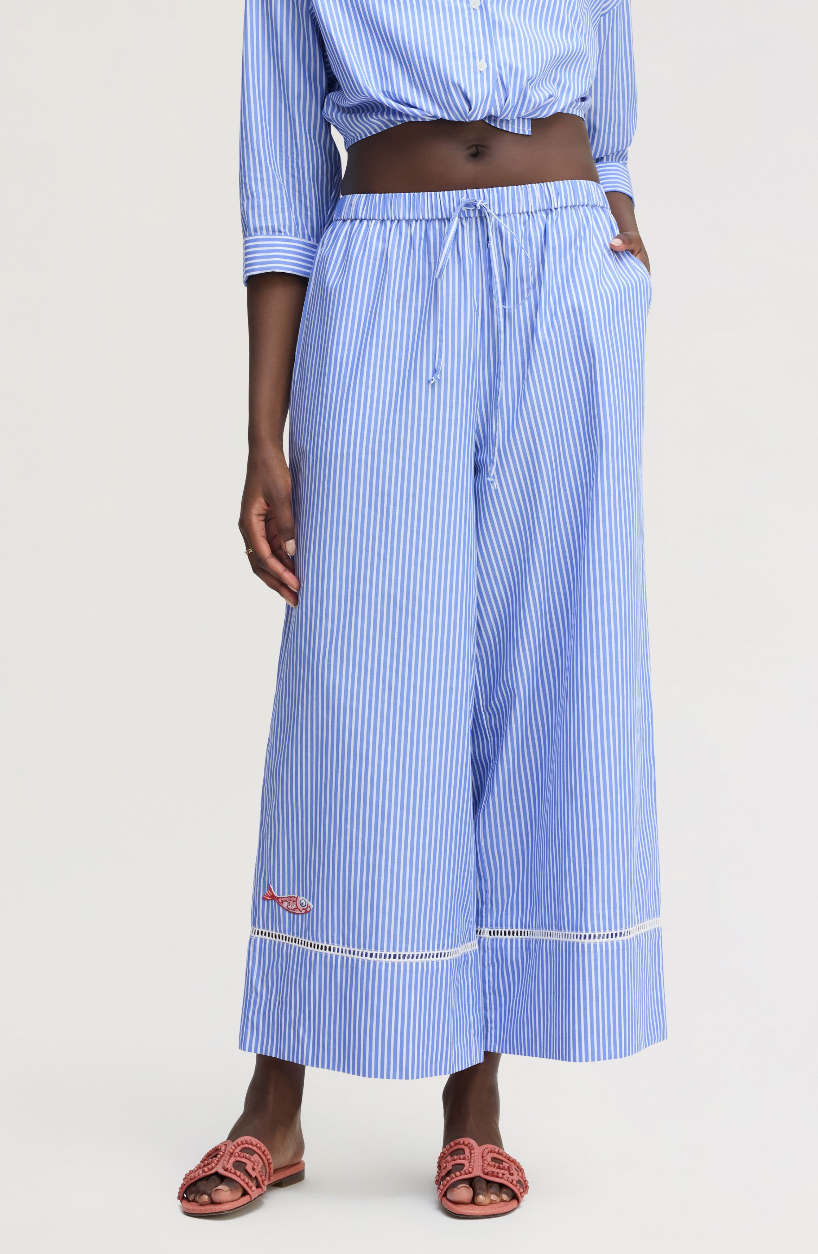 Embroidered Sequin Stripe Wide Leg Pants