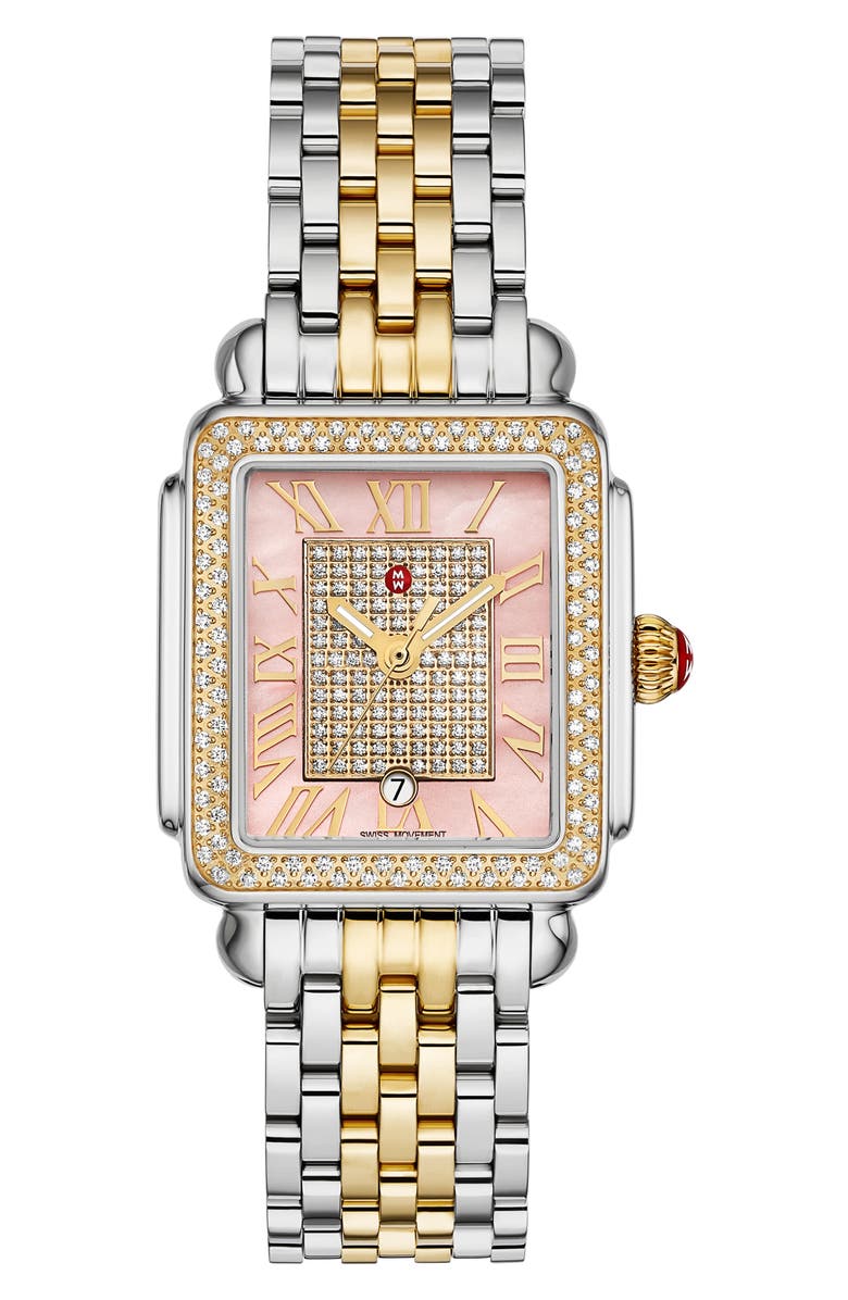 MICHELE Mid Deco Madison Limited Edition Two-Tone 18K Gold Plate Diamond Bracelet Watch, 29mm x 31mm, Main, color, 