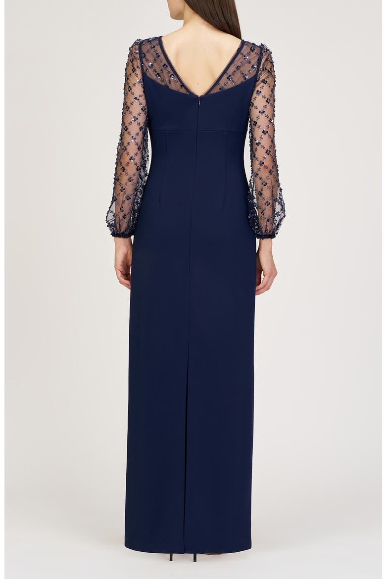 Risha Metallic Floral Appliqué Detail Long Sleeve Crepe Column Gown, Alternate, color, DEEP NAVY