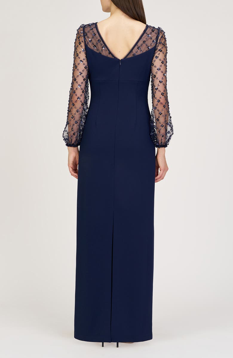 JS Collections Risha Metallic Floral Appliqué Detail Long Sleeve Crepe Column Gown, Alternate, color, Deep Navy