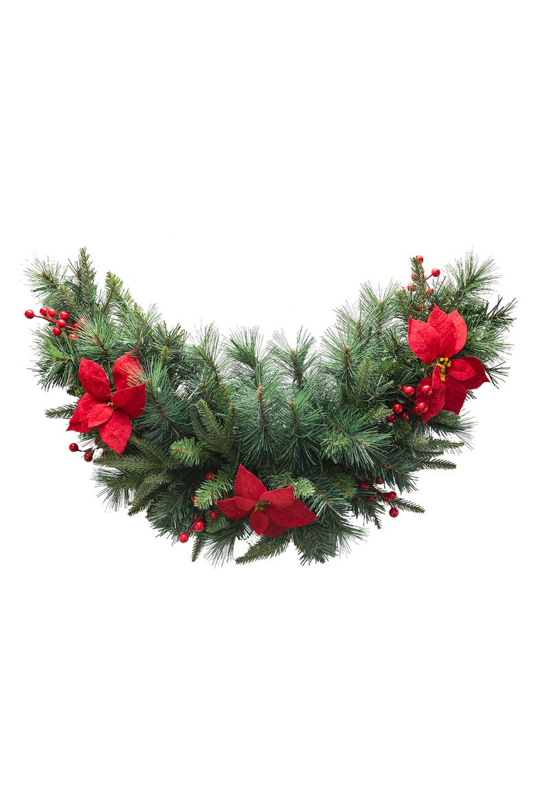 3ft Lighted Christmas Swag with Poinsettia Berry & Timer, Alternate, color, Red