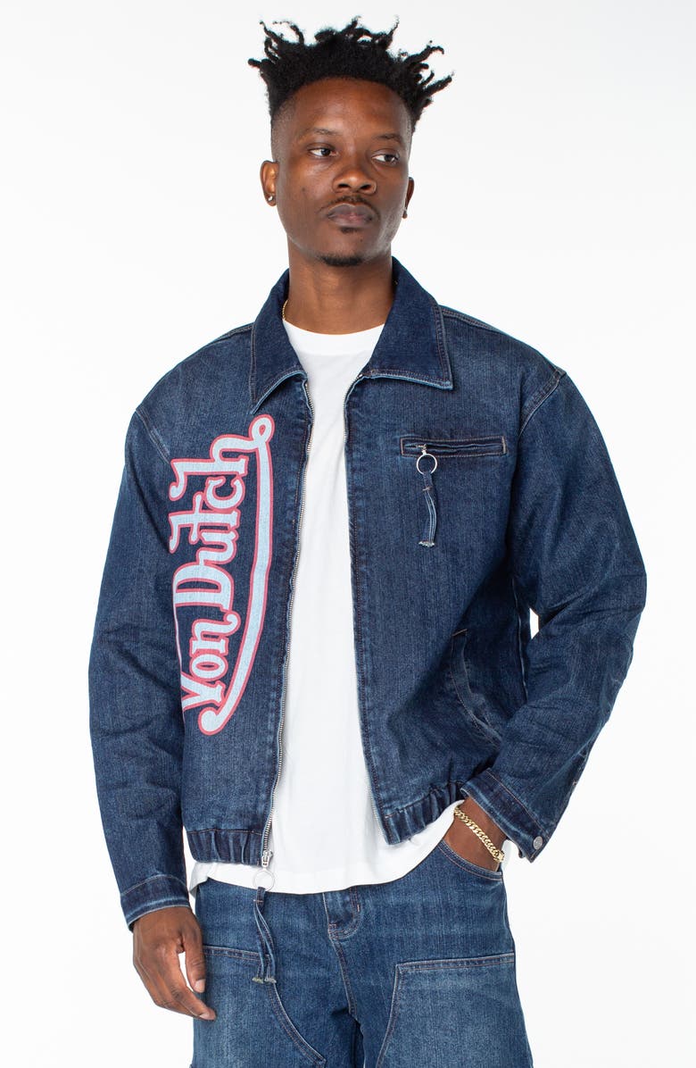 Von Dutch Pagans Collared Bomber Denim Jacket, Main, color, Azure Frost