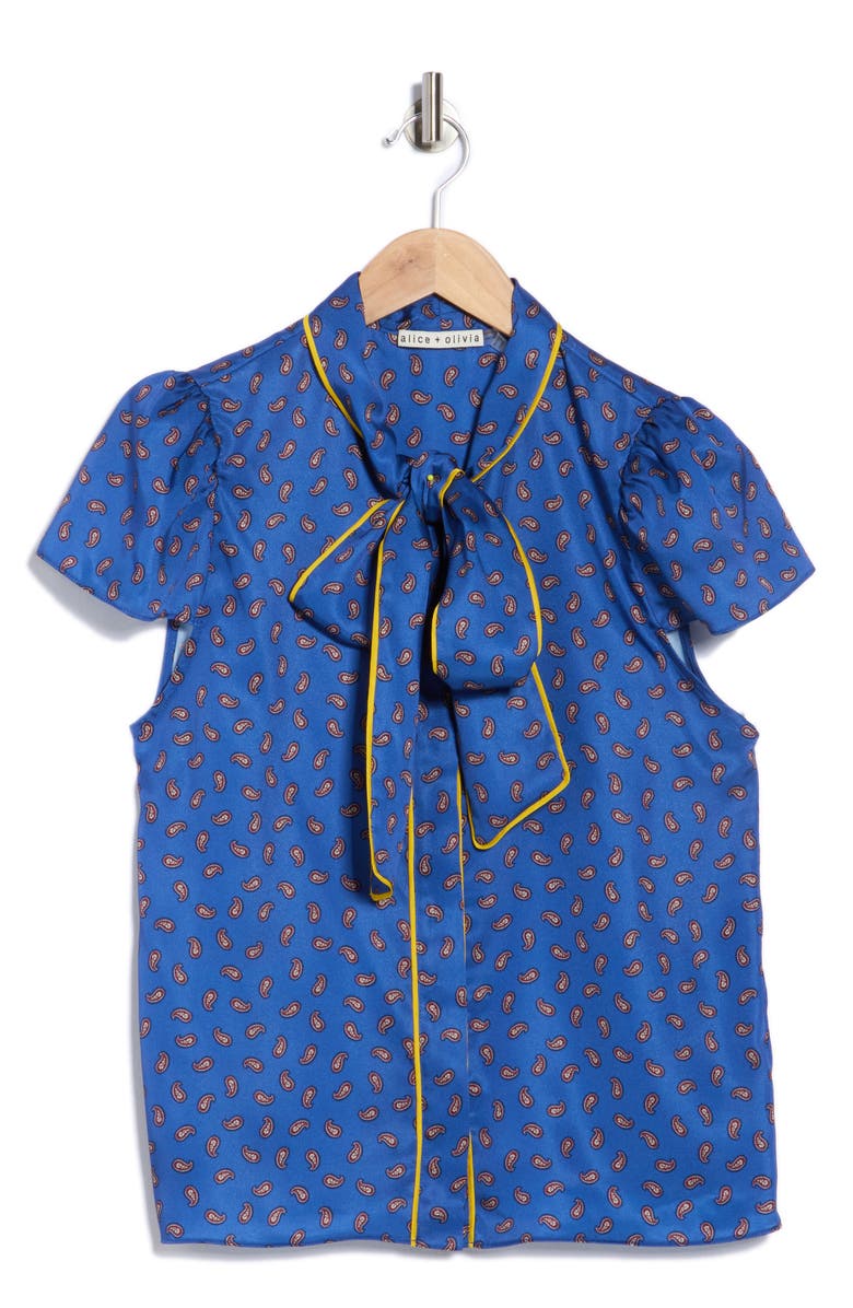 Alice + Olivia Jeannie Piped Tie Neck Top, Alternate, color, Mini Paisley Blue