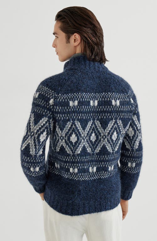 Brunello Cucinelli Geometric Jacquard Cardigan In Wool And Cashmere In Blue