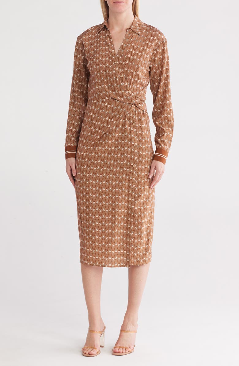 Veronica Beard Wright Long Sleeve Stretch Silk Midi Shirtdress, Main, color, Dot V Prt Doc/Ow