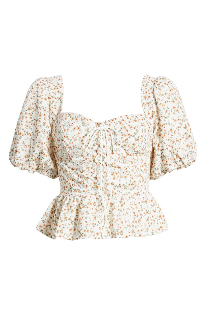 ASTR the Label Floral Puff Sleeve Lace-Up Corset Crop Top, Alternate, color,