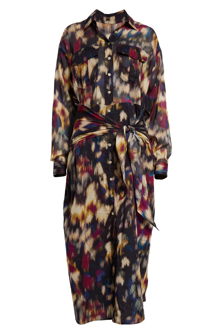 Nesly Tie Front Long Sleeve Shirtdress, Alternate, color, OCHRE/ BLACK