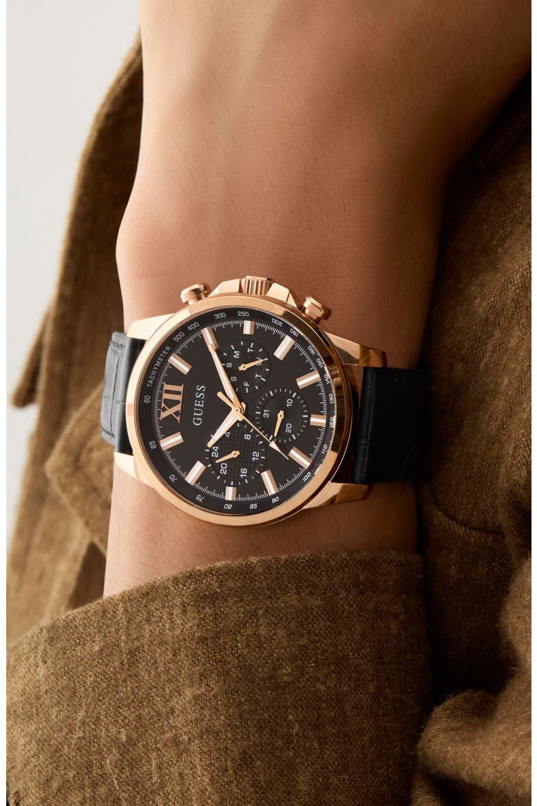 Walker Black Dial Multifunction Leather Strap Watch, 44mm, Alternate, color, BLACK