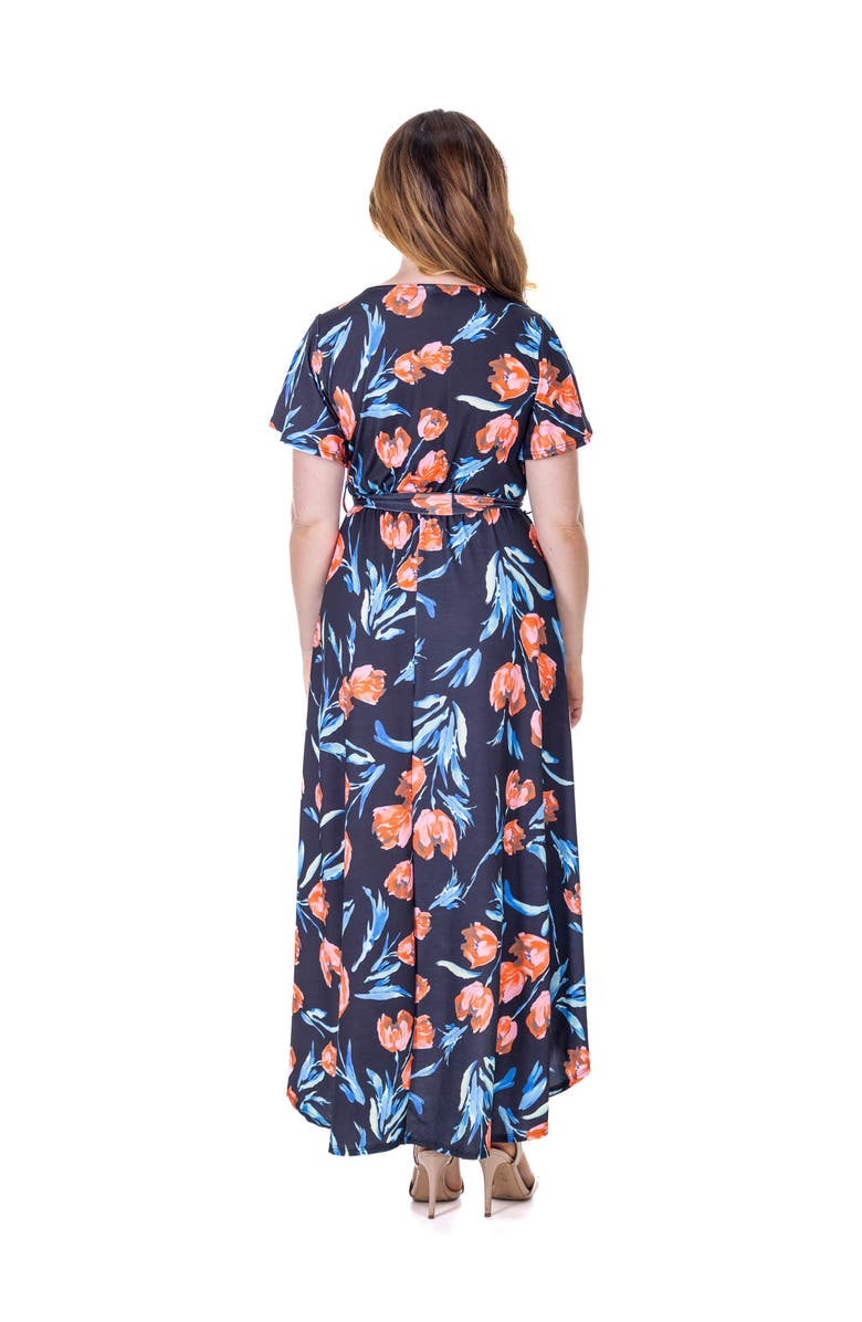 24seven Comfort Apparel Floral V-Neck Belted High Low Faux Wrap Dress, Alternate, color, Navy Multi