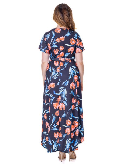 24seven Comfort Apparel Plus Size V Neck Belted High Low Faux Wrap Dress In Multi