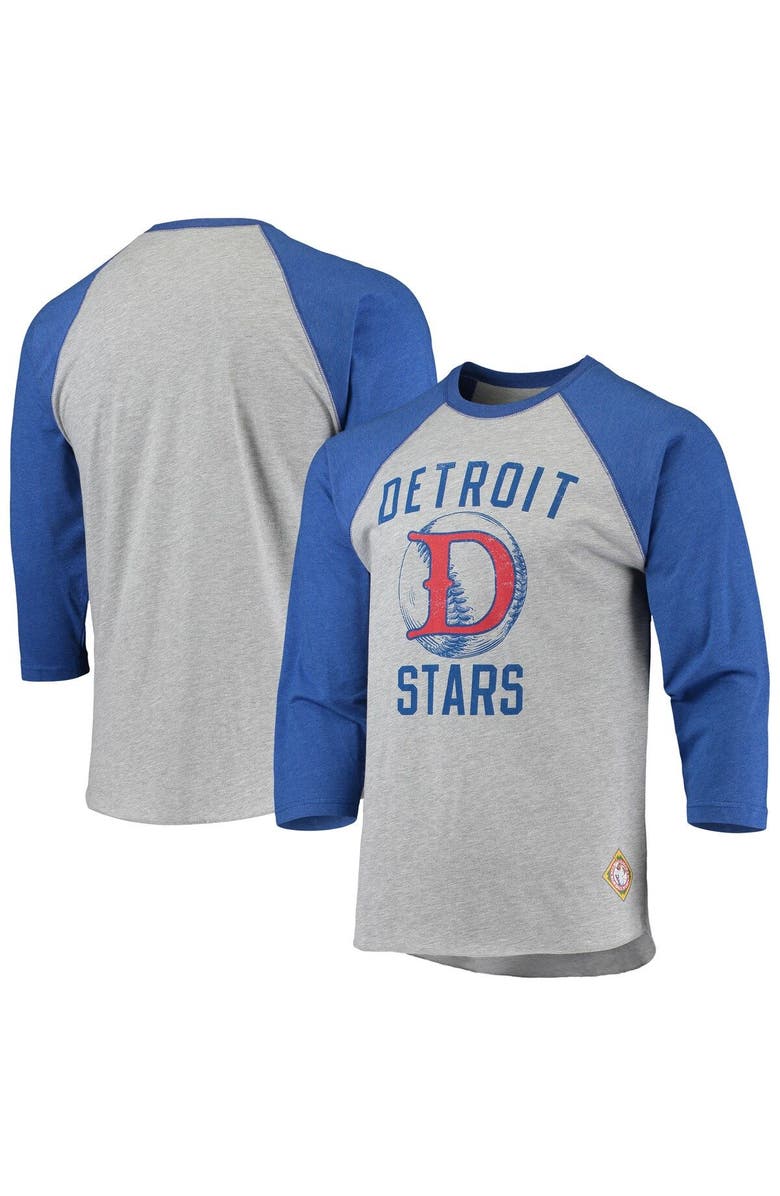 STITCHES Men's Stitches Heathered Gray/Royal Detroit Stars Negro League Wordmark Raglan 3/4-Sleeve T-Shirt, Main, color, Heather Gray