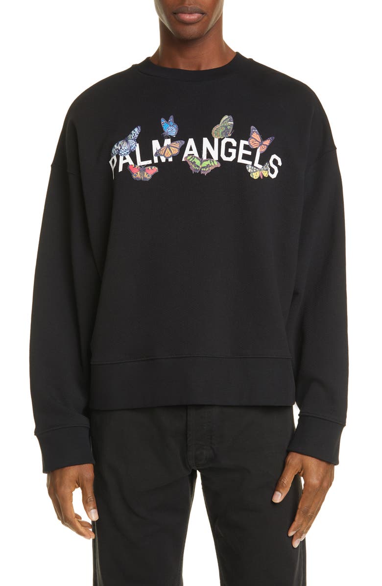 Palm Angels Butterfly Logo Graphic Stretch Cotton Sweatshirt, Main, color, 
