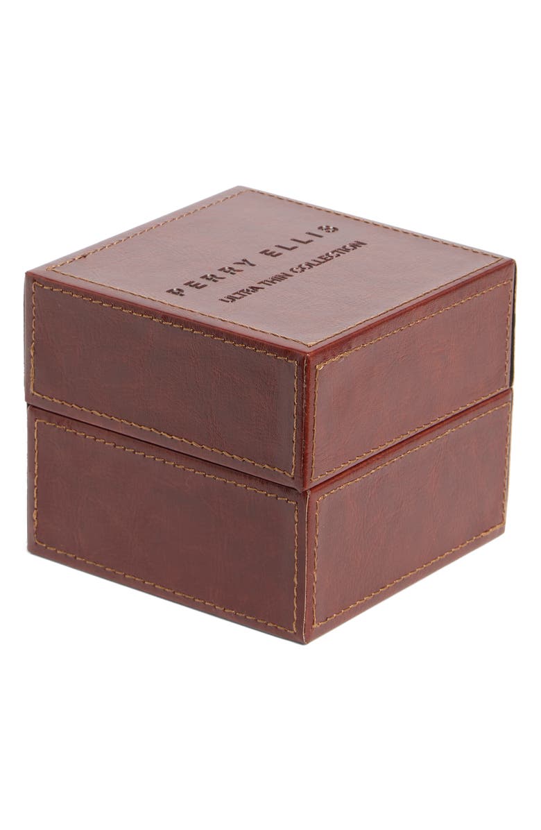 Perry Ellis Ultra Slim Leather Strap Watch, 40mm, Alternate, color, Gunmetal