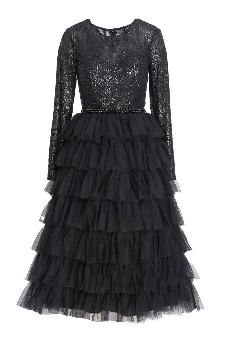 Mac Duggal Sequined Layered Tulle A-Line Cocktail Dress, Alternate, color, Black