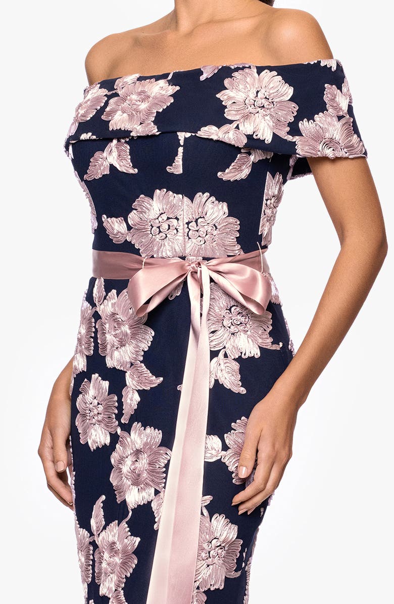 Betsy & Adam Soutache Floral Off the Shoulder Gown, Alternate, color, Navy/ Rose