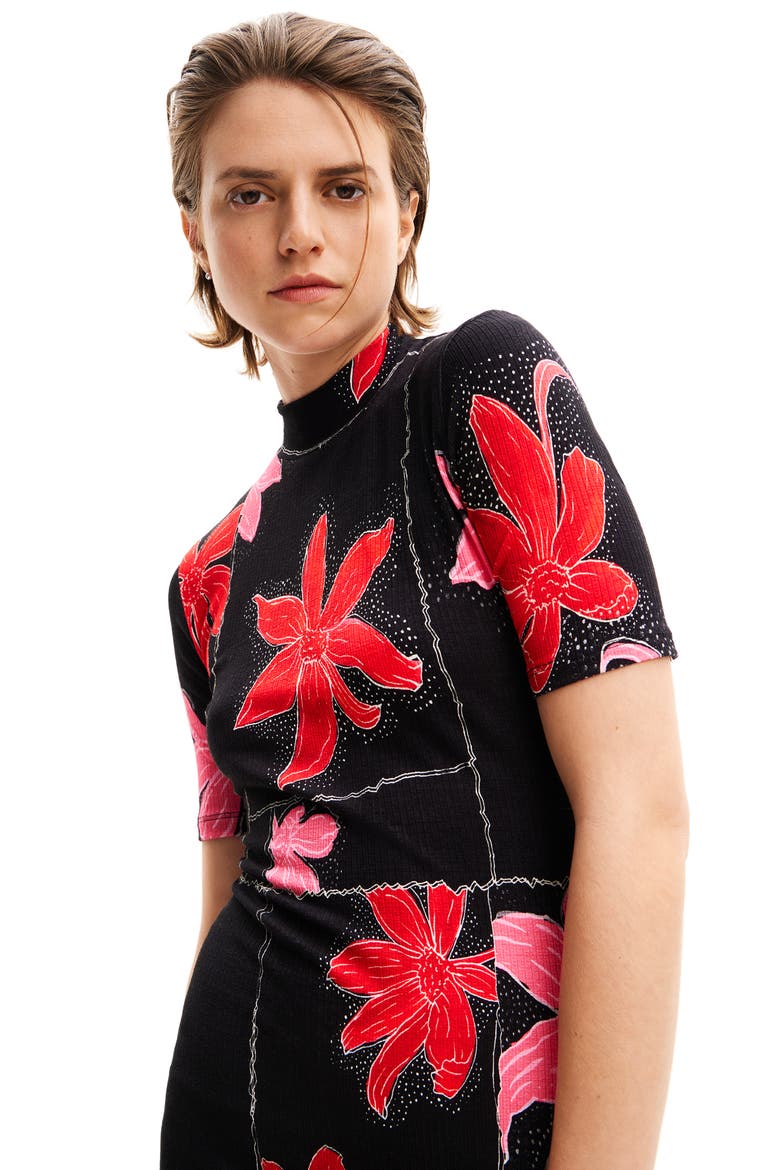 Floral Ribbed Midi Dress, Alternate, color, RED