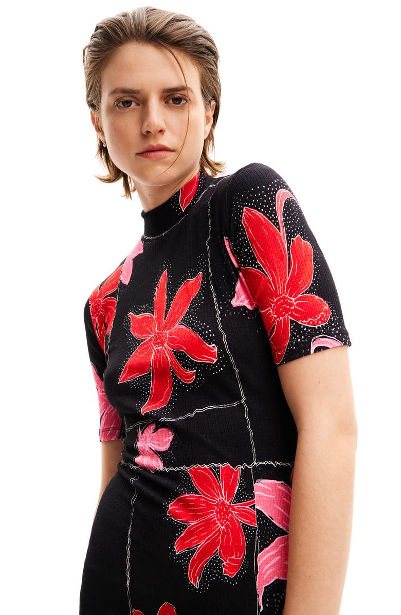 Desigual Floral Ribbed Midi Dress, Alternate, color,