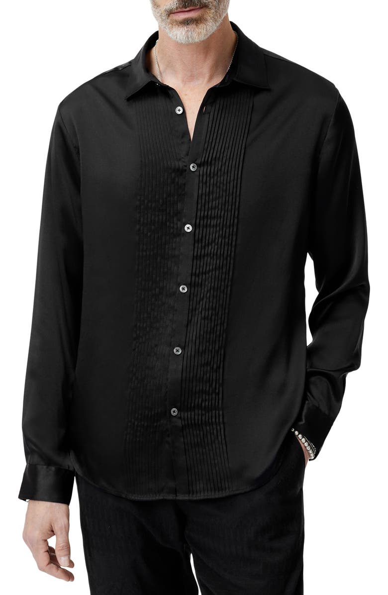 John Varvatos Pleated Front Silk Button-Up Shirt, Main, color, Black