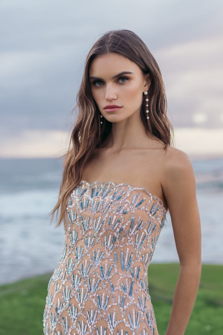 Strapless Hand Beaded Mesh Mermaid Gown, Alternate, color, Nude Silver