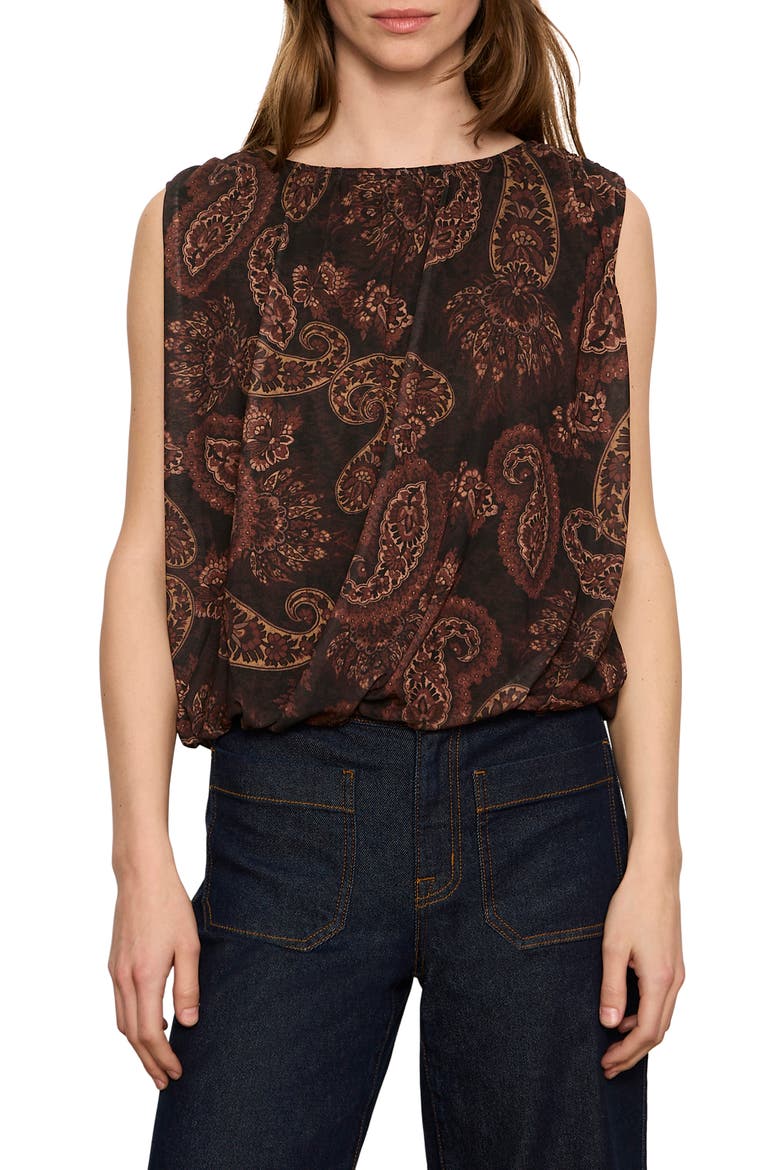 Clover Mesh Bubble Sleeveless Top, Main, color, COCOA BROWN PAISLEY