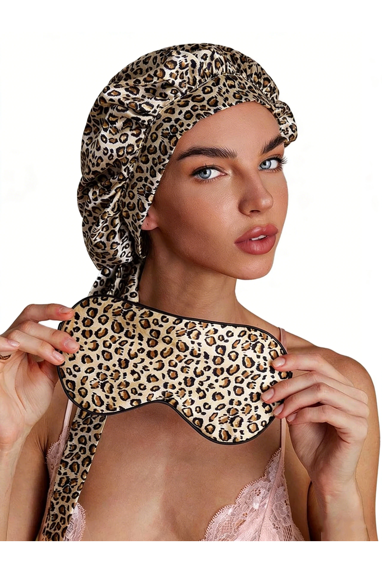 Pure Silk Bonnet+Eye Mask Set, Alternate, color, Leopard
