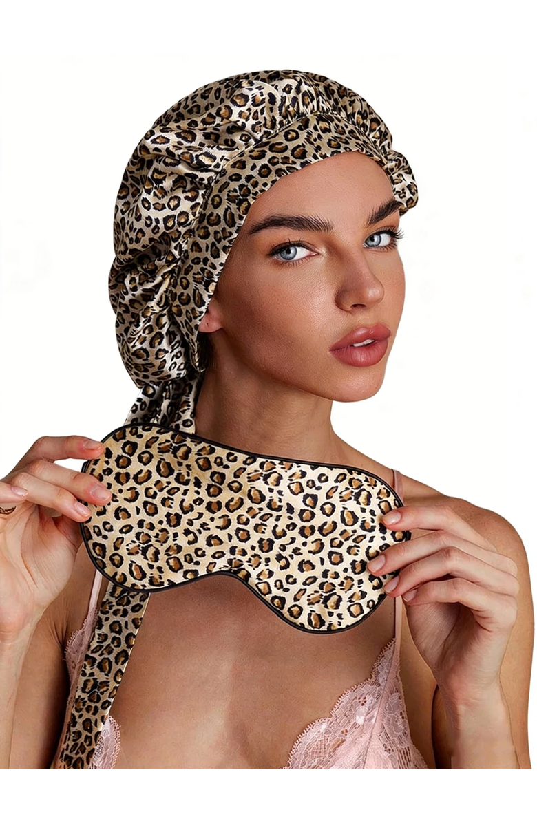SILKSILKY Pure Silk Bonnet+Eye Mask Set, Alternate, color, Leopard